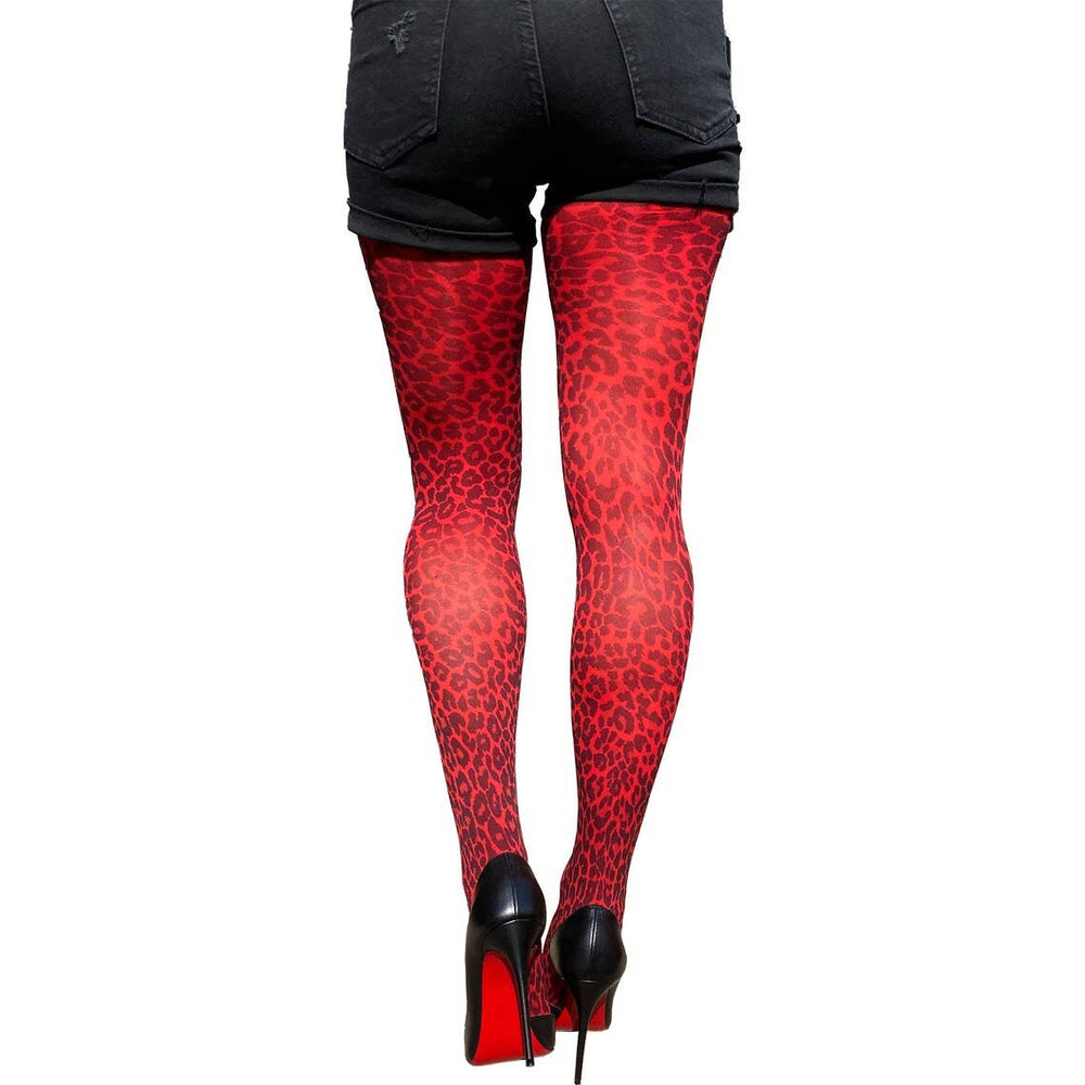 A pair of red leopard print tights with a two-toned black and red color scheme, worn with black high heels.