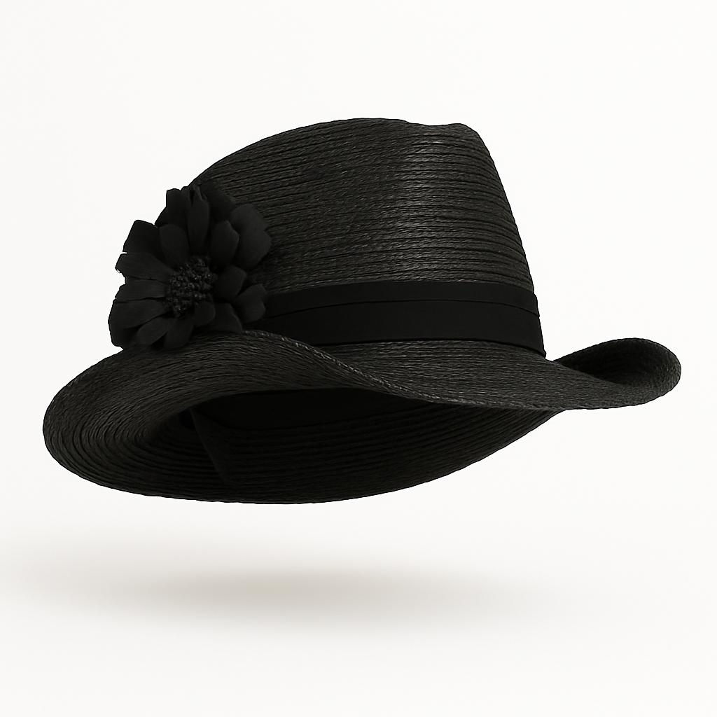 Black hat with a decorative flower on a white background