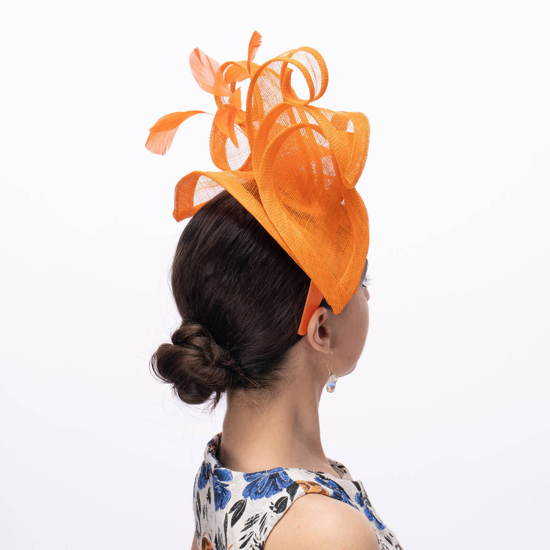 Lilly Shape Sinamay Swirls Feather Fascinator: Orange