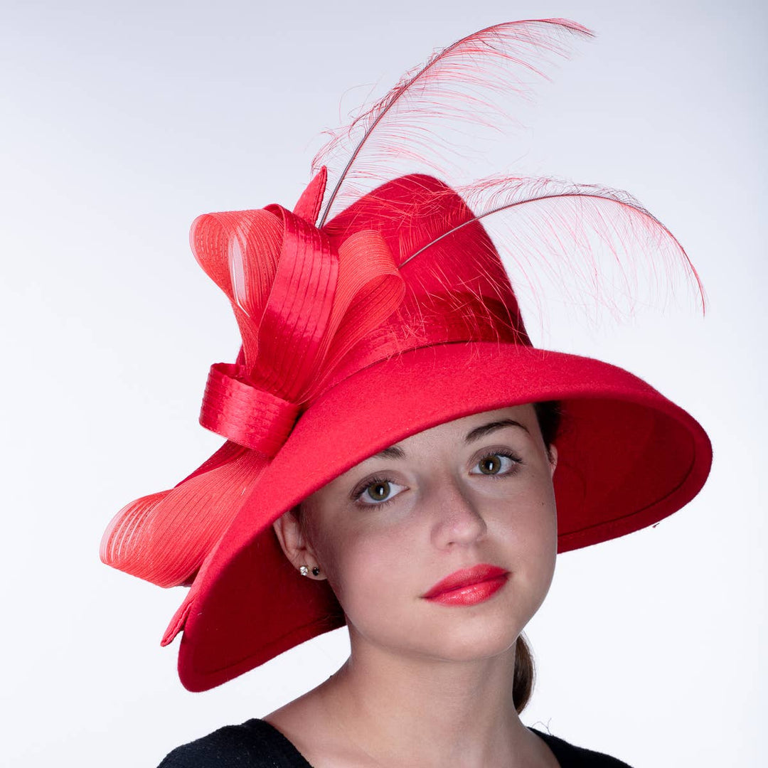 Feather Bow Trim Asymmetric Wool Felt Hat: Royal