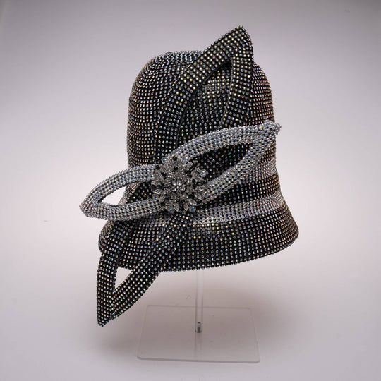 Bell Shape Hat Covered In Rhinestone With Leaf Shape Trim: Black