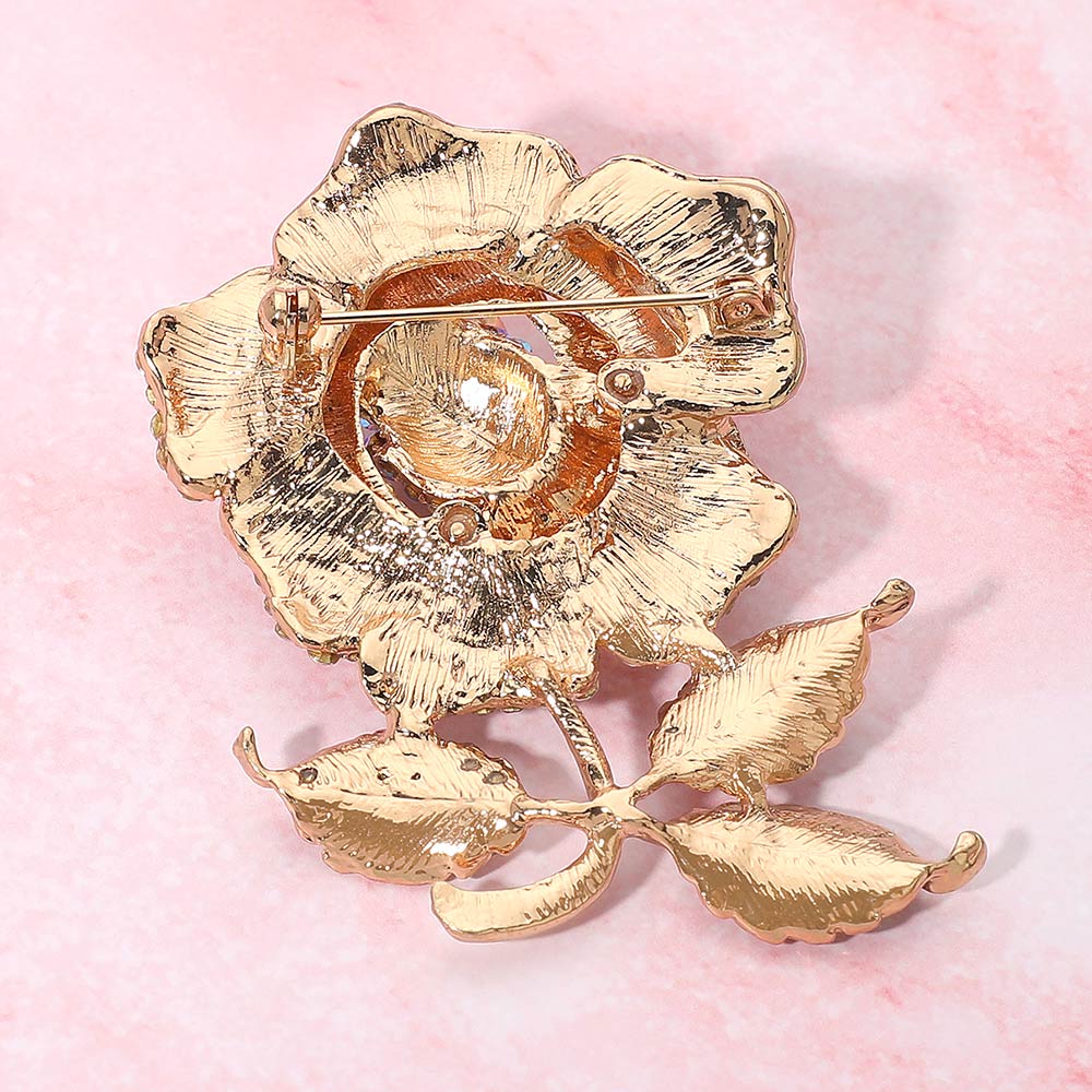 Broche de rosa con diamantes de imitación: verde y rosa