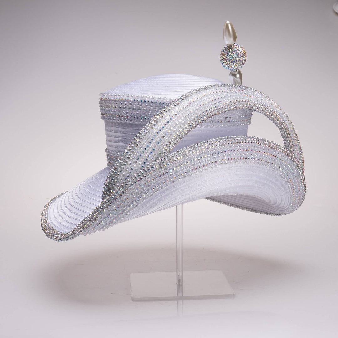 Extended Off Face Mad Hatter Brim with Rhinestones:White