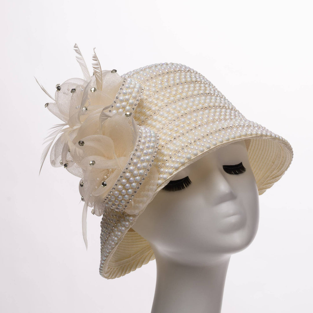 Crinoline Flower And Pearl Decorated Cloche Hat: White