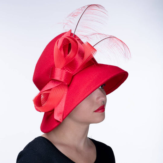 Feather Bow Trim Asymmetric Wool Felt Hat: Royal