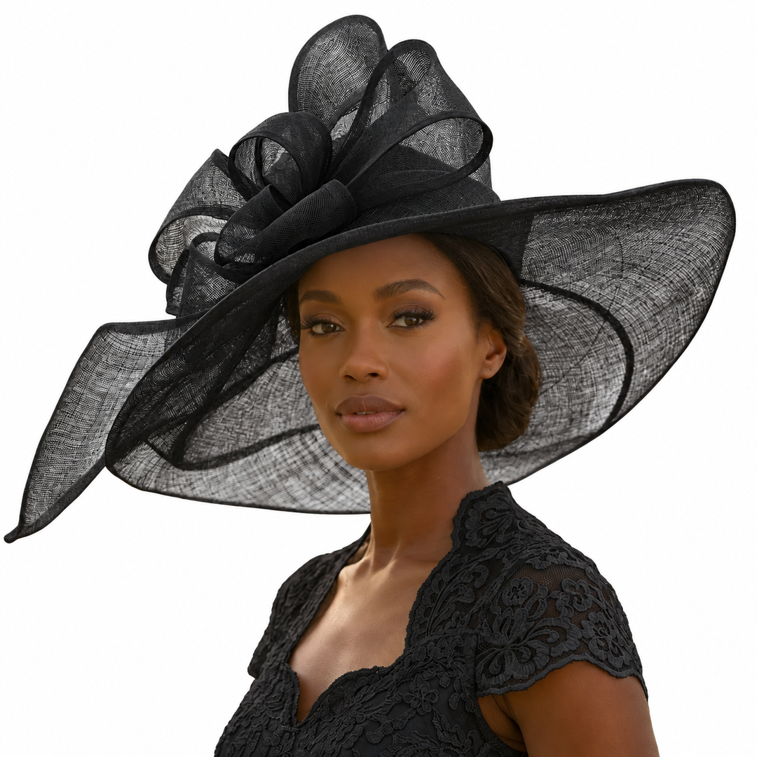 Black Sinamay Wide Brim Hat with Abstract Bow