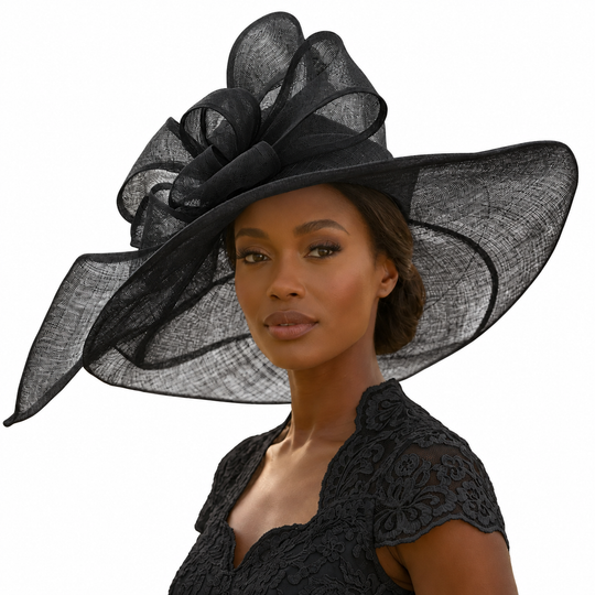Black Sinamay Wide Brim Hat with Abstract Bow