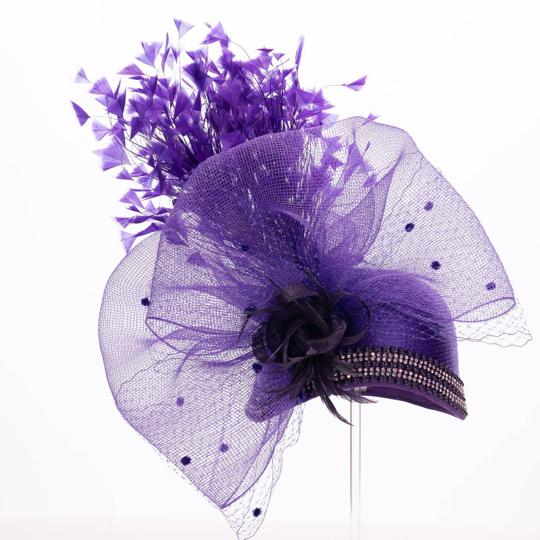 Variety Feather And Puff Crinoline Bow On Satin Cloche Base: Purple