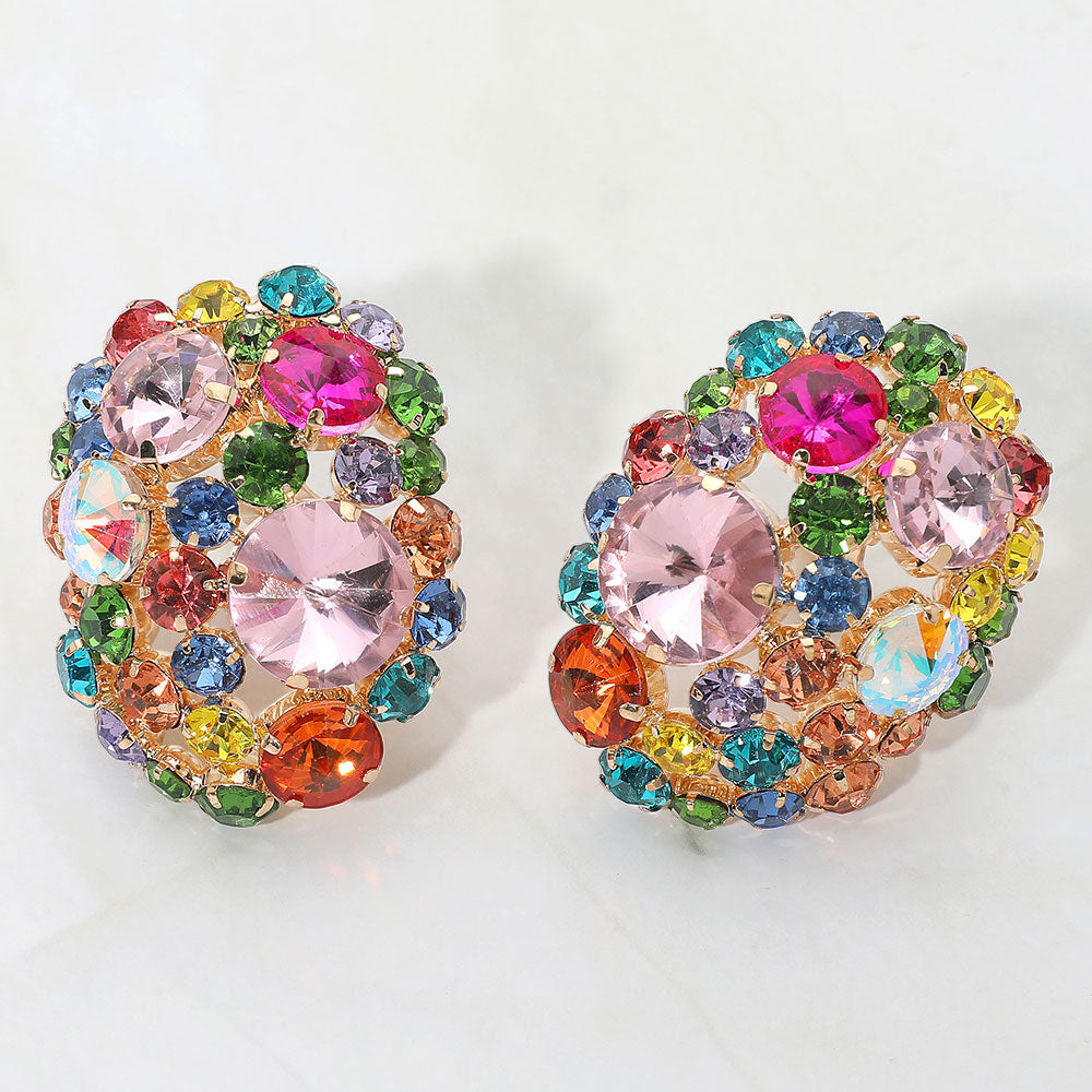 Oversized Rhinestone Cluster Clip-on Earrings - Multi-color