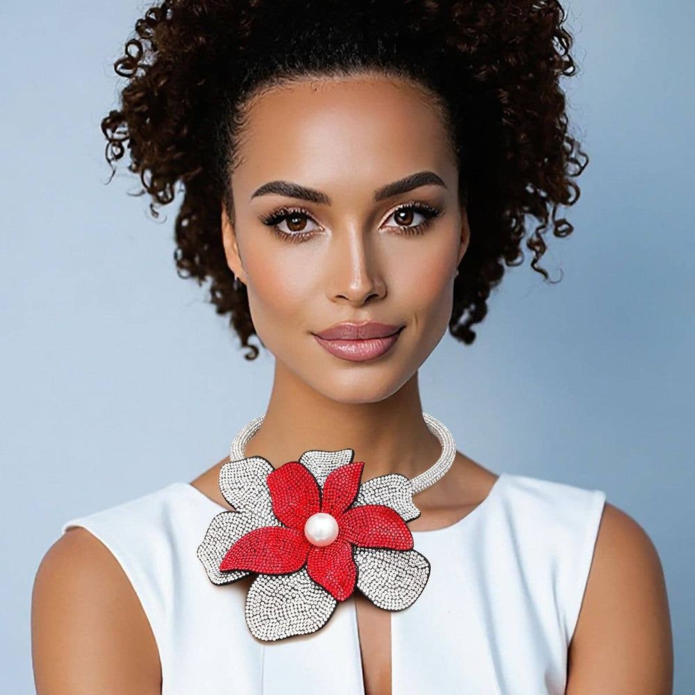 Handcrafted Brilliance Flower Choker Necklace - Red Silver