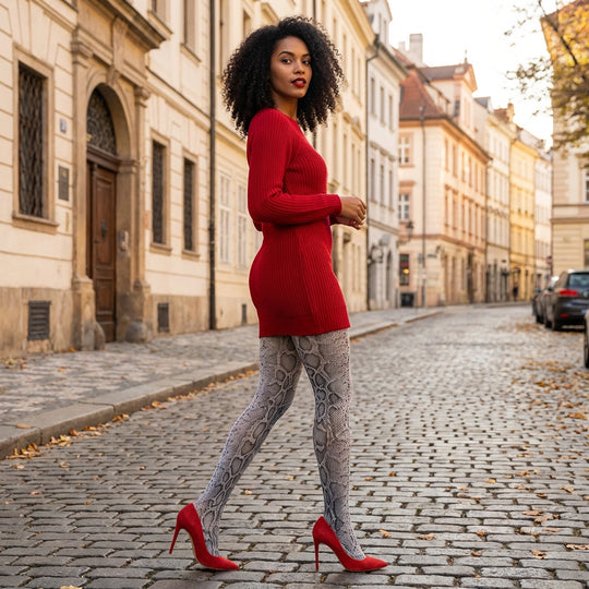 Woman in a red dress and patterned leggings standing on a cobblestone street.