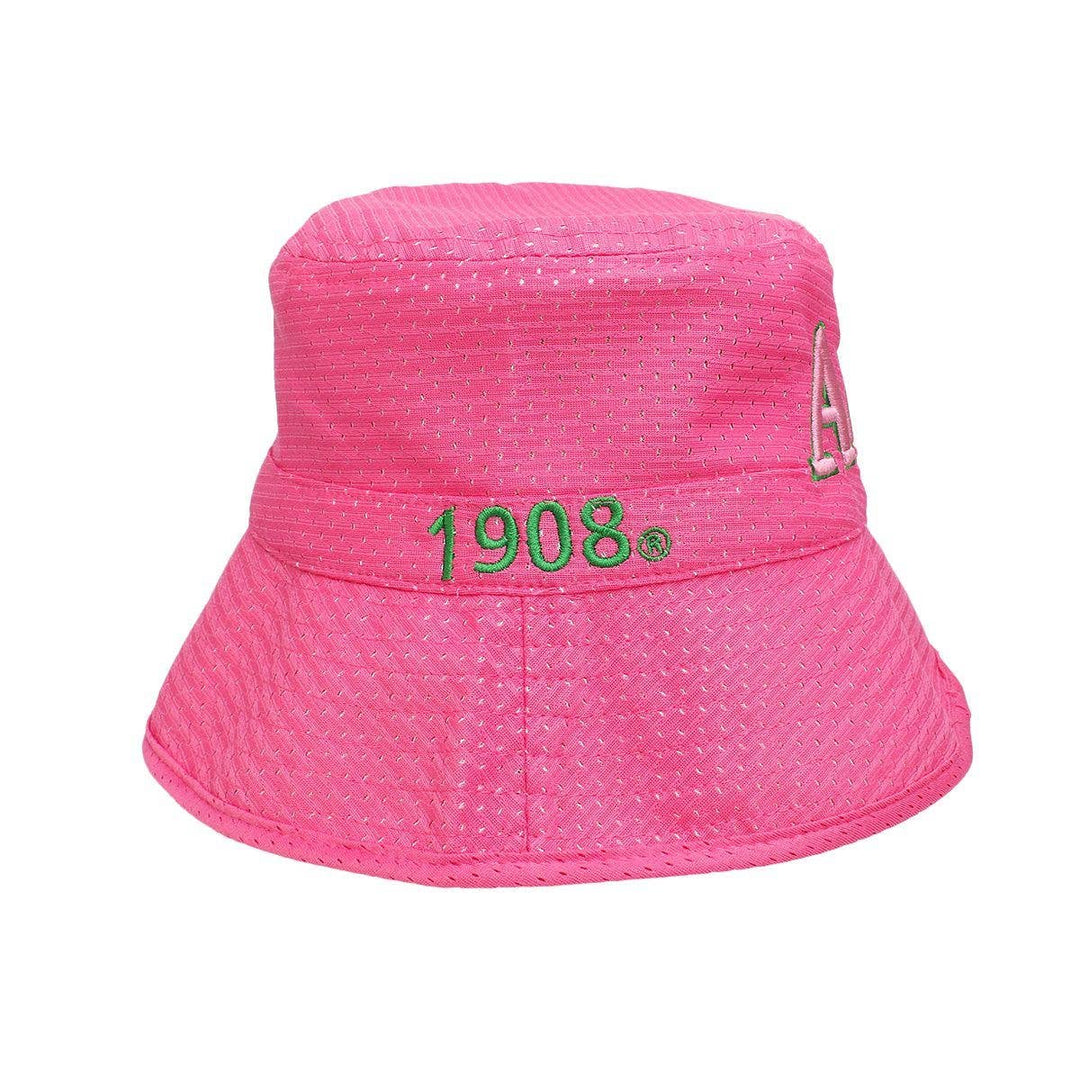 Pink bucket hat with '1908' text on a white background