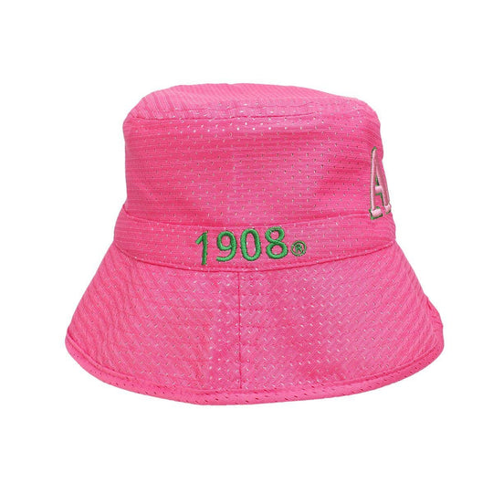 Pink bucket hat with '1908' text on a white background