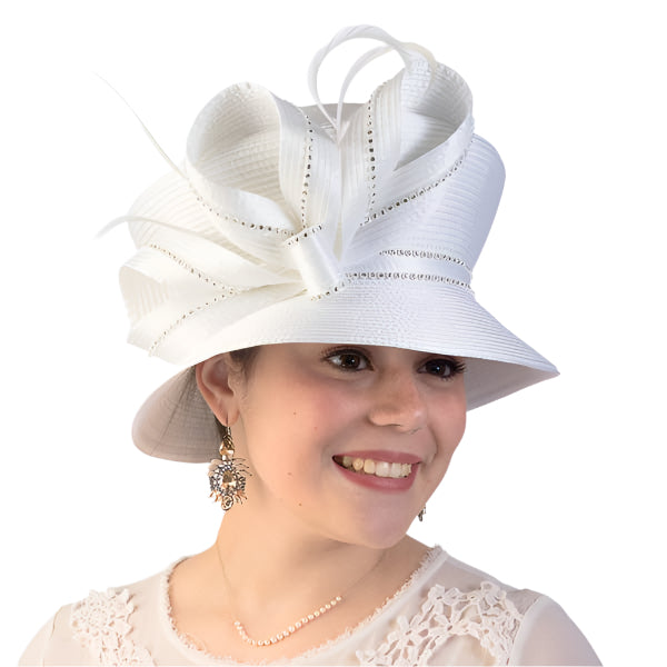Woman wearing a white decorative hat on a white background