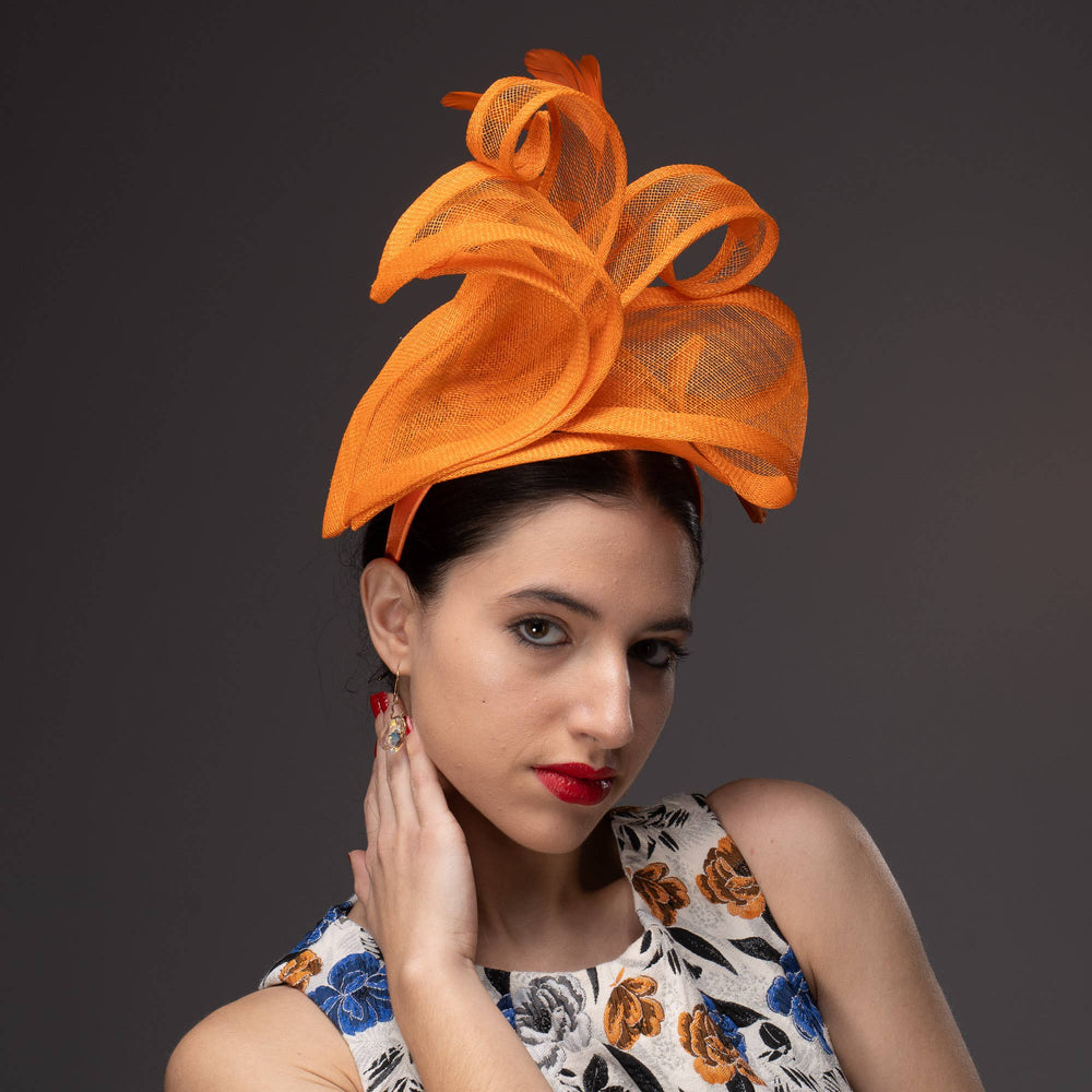 Lilly Shape Sinamay Swirls Feather Fascinator: Orange