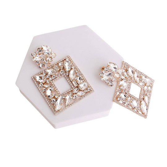 Elegant Gold Crystal Square Earrings: Color / 3 inches / Gold