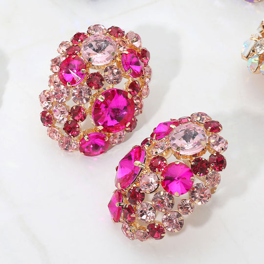 Oversized Rhinestone Cluster Clip-on Earrings - Pink Fuschia
