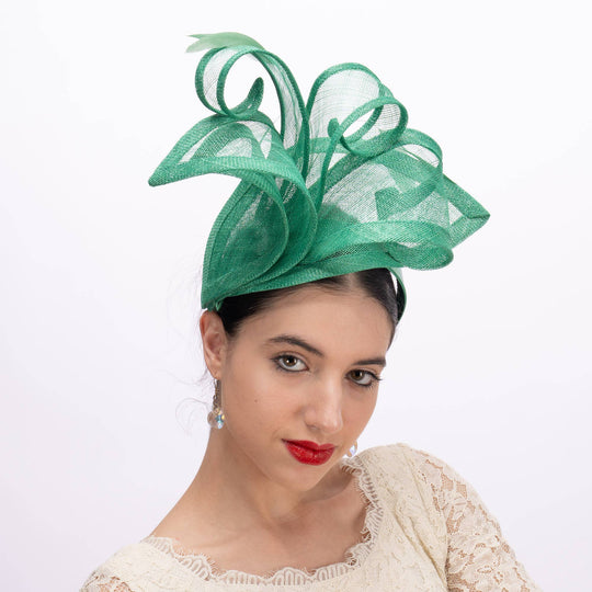 Lilly Shape Sinamay Swirls Feather Fascinator: Emerald