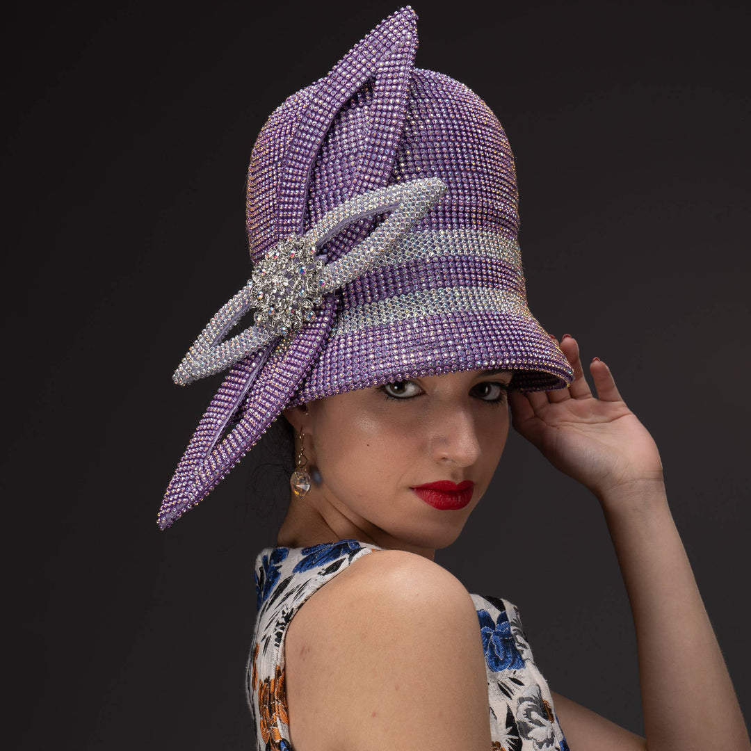 Bell Shape Hat Covered In Rhinestone With Leaf Shape Trim: Black