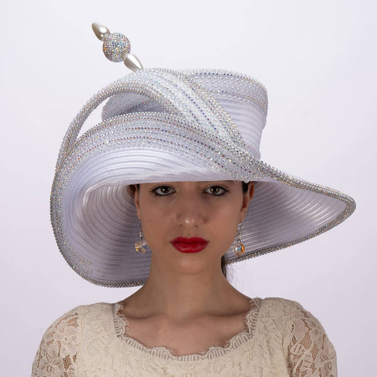 Extended Off Face Mad Hatter Brim with Rhinestones:White