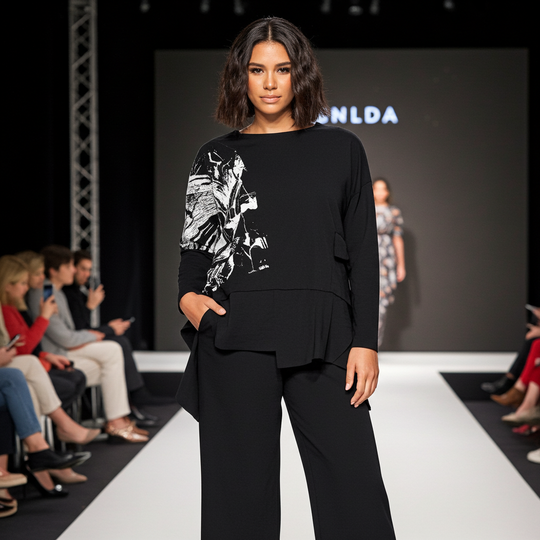 Model walking on a fashion show runway wearing a black outfit with a graphic design.
