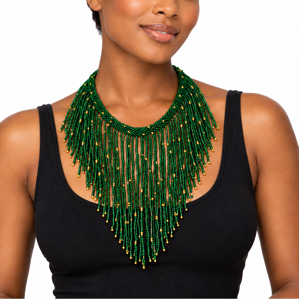 African Beaded Fringe Necklace: Emerald Green