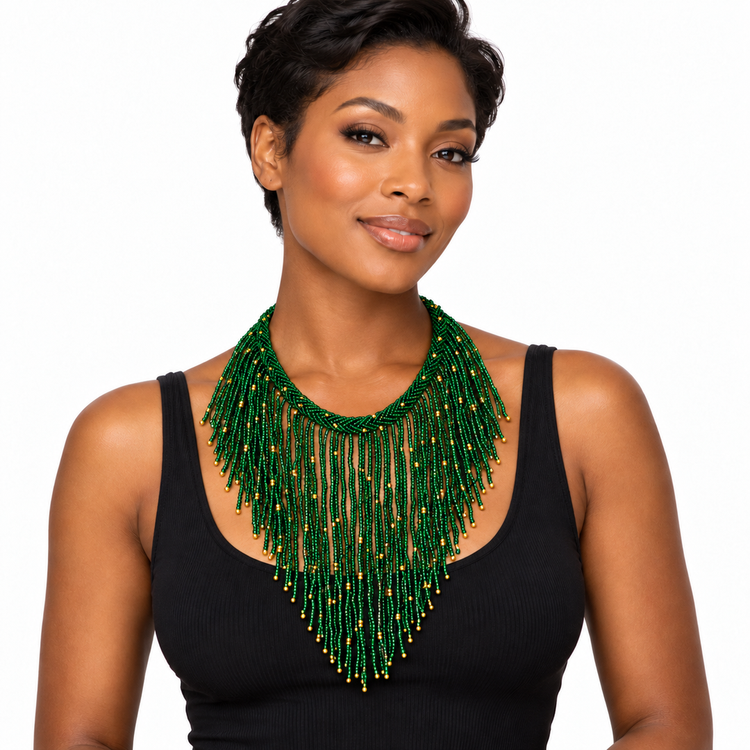 African Beaded Fringe Necklace: Emerald Green