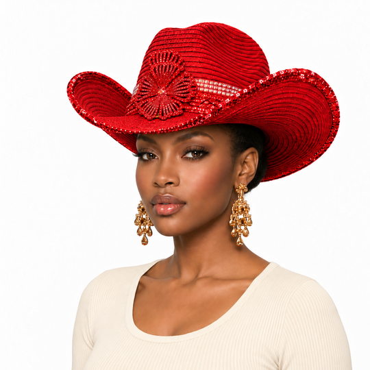 A woman wearing a bright red sequined cowboy hat and matching red sequined earrings, photographed against a plain white studio background.