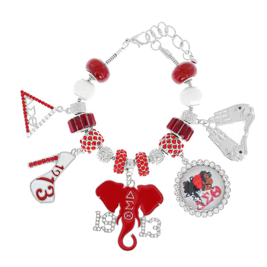 Delta Sigma Theta silver-tone adjustable charm bracelet with enamel DST symbols and red and white crystal beads.