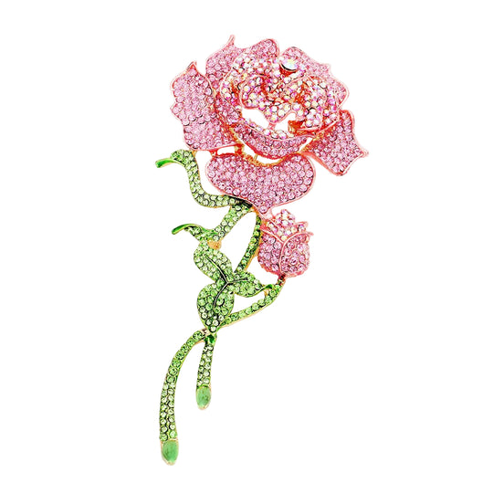 Pink &amp; Grüne Strass-Rosenbrosche – Handgefertigter floraler Statement-Schmuck