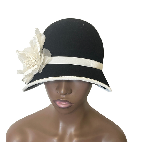 Black & White Cloche Hat with Silk & Velvet Trim