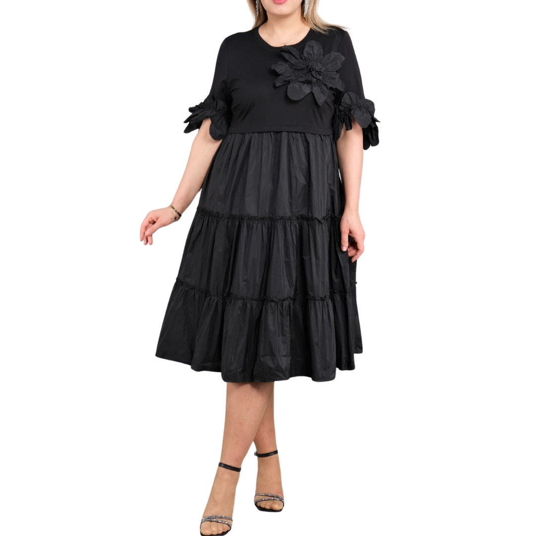 Black Dress with Ruffled Bottom & Flowered Detailing – Le' Diva