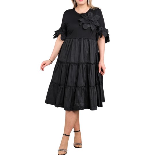 Black Dress with Ruffled Bottom & Flowered Detailing