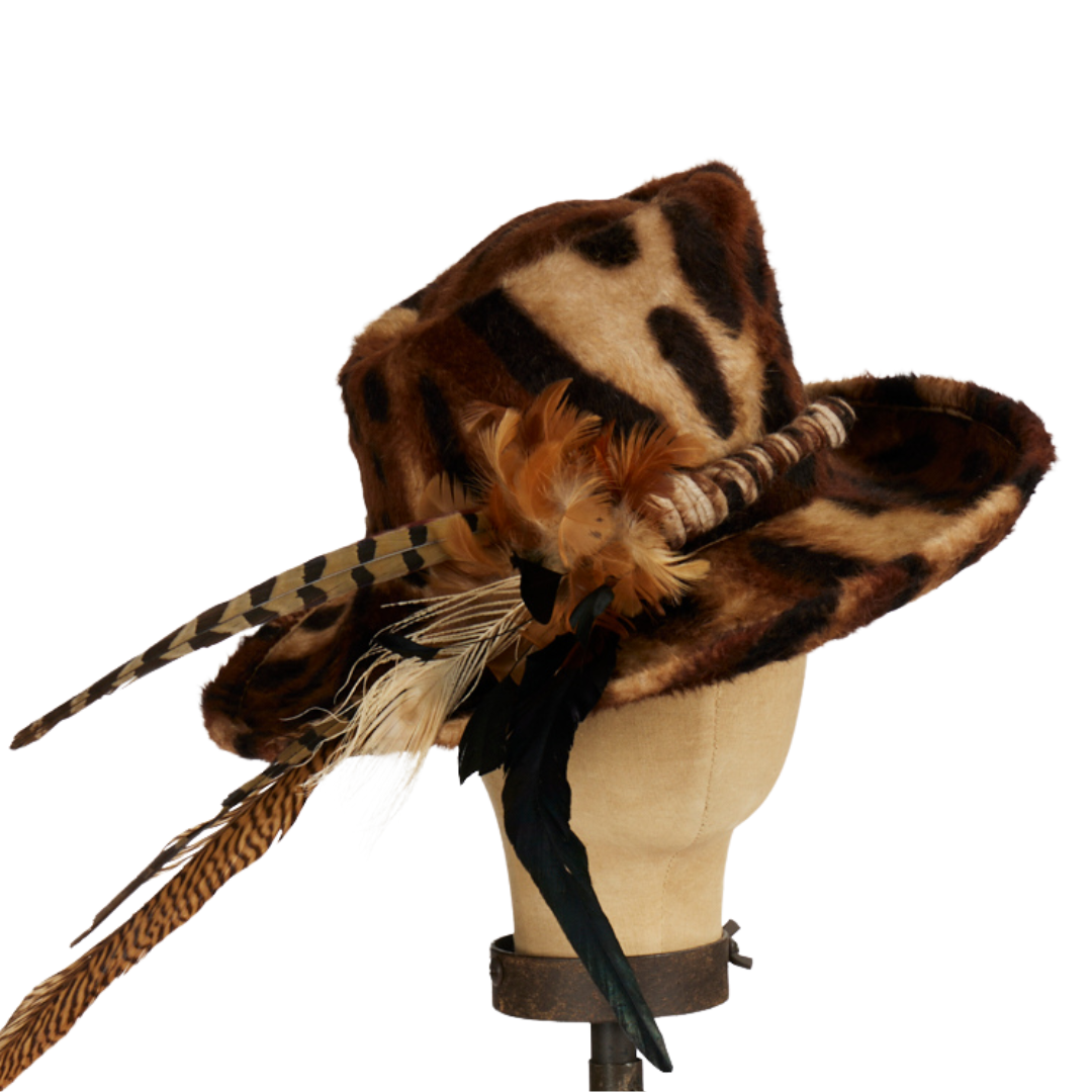 Leopard Print Medium Up-Turn Brim with Feather Trim