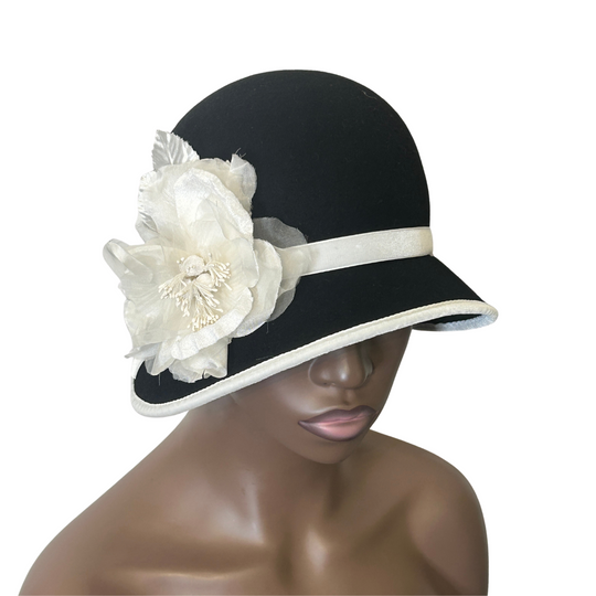 Black & White Cloche Hat with Silk & Velvet Trim