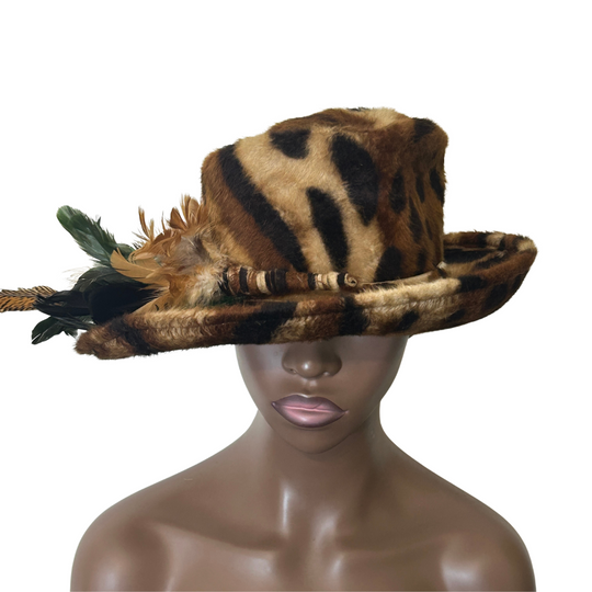 Leopard Print Medium Up-Turn Brim with Feather Trim