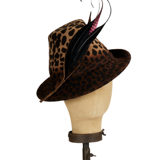 Leopard Print Fedora with Feather Trim