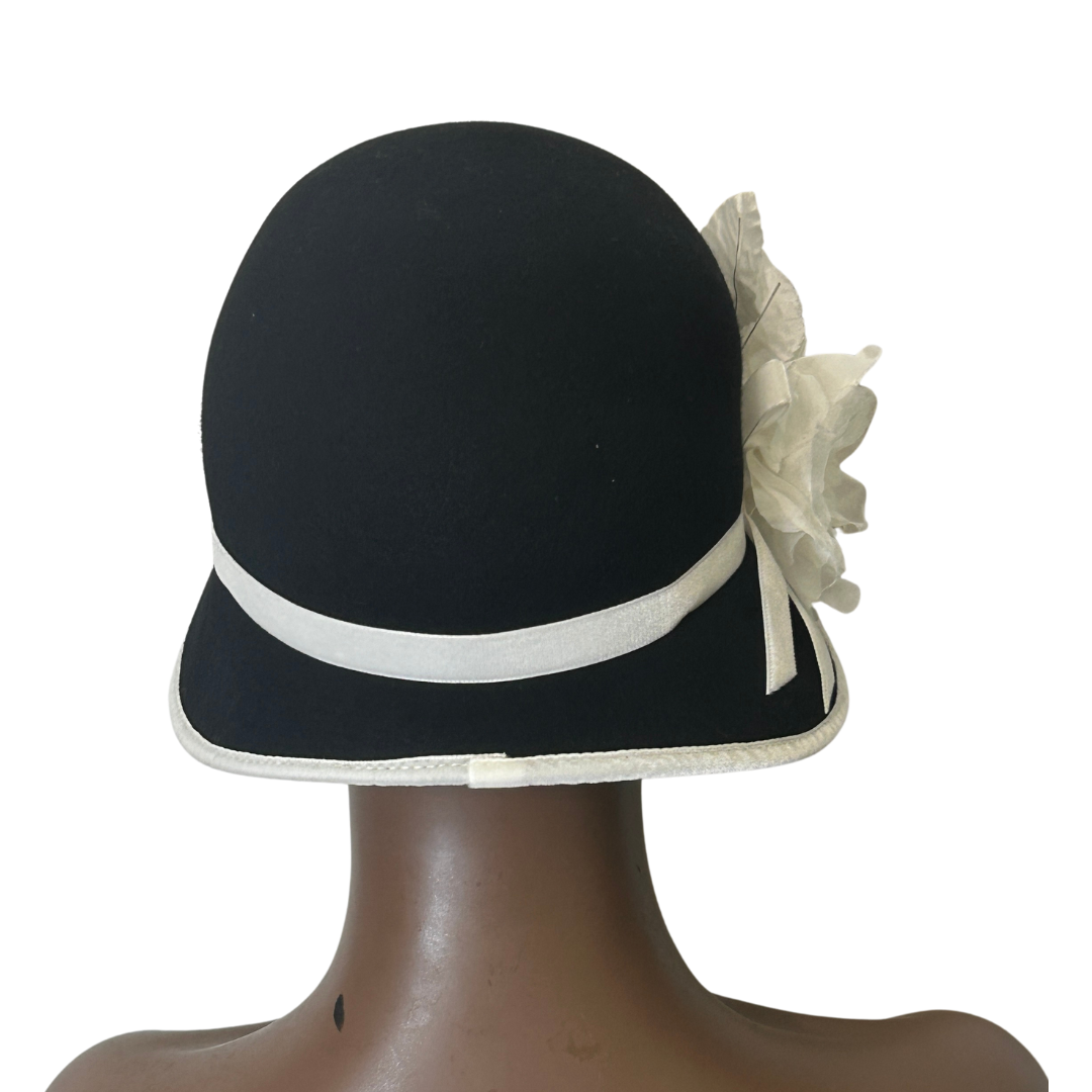 Black & White Cloche Hat with Silk & Velvet Trim