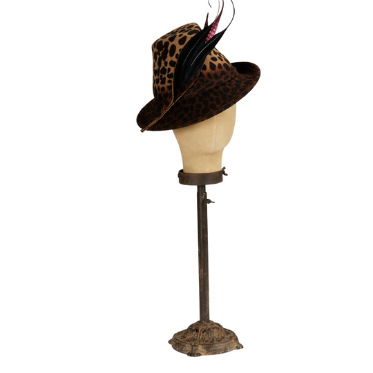 Leopard Print Fedora with Feather Trim