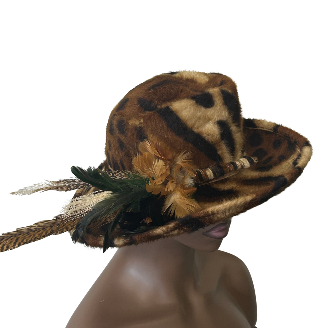 Leopard Print Medium Up-Turn Brim with Feather Trim