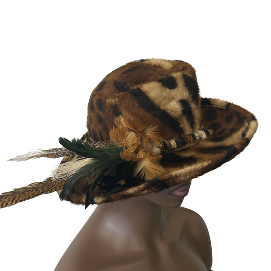 Leopard Print Medium Up-Turn Brim with Feather Trim