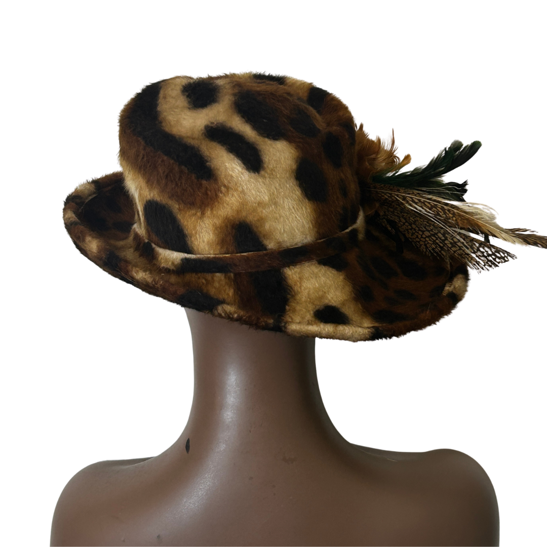 Leopard Print Medium Up-Turn Brim with Feather Trim