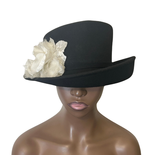 Black & White Wool Felt Hat with Silk & Velvet Trim