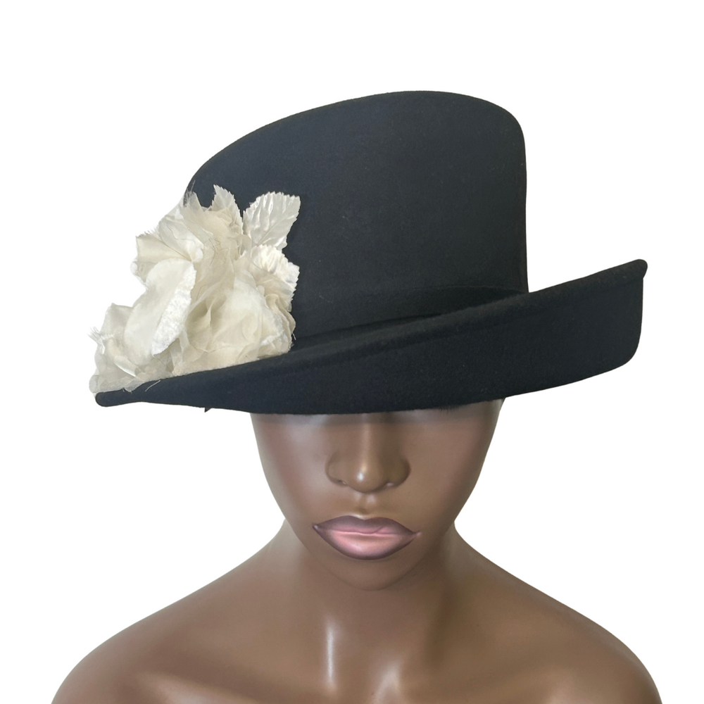 Black & White Wool Felt Hat with Silk & Velvet Trim