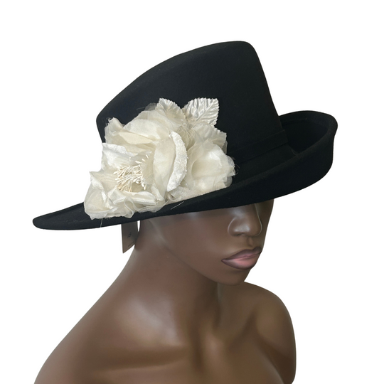 Black & White Wool Felt Hat with Silk & Velvet Trim