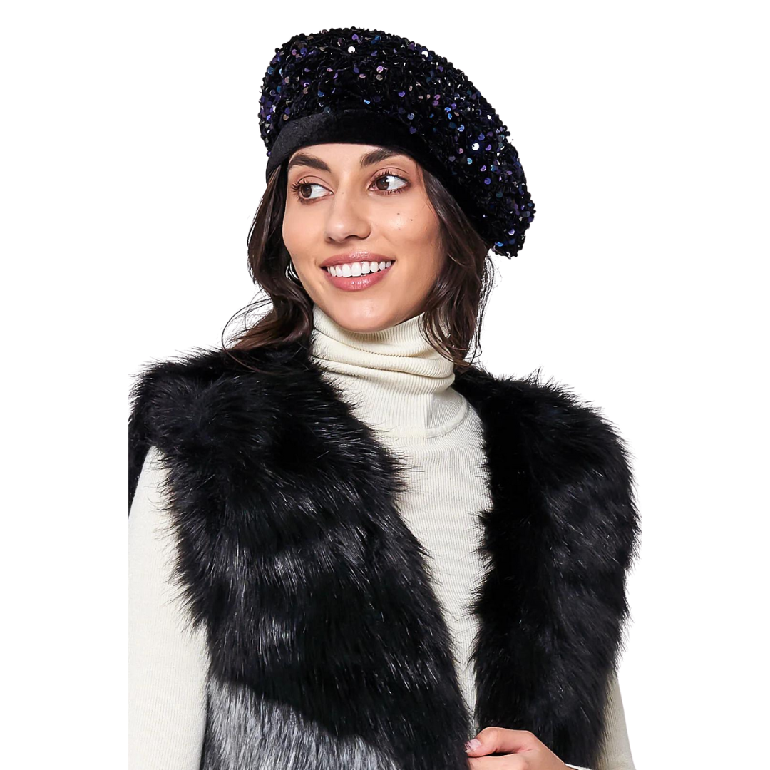 Sequin Beret - Blue/Black