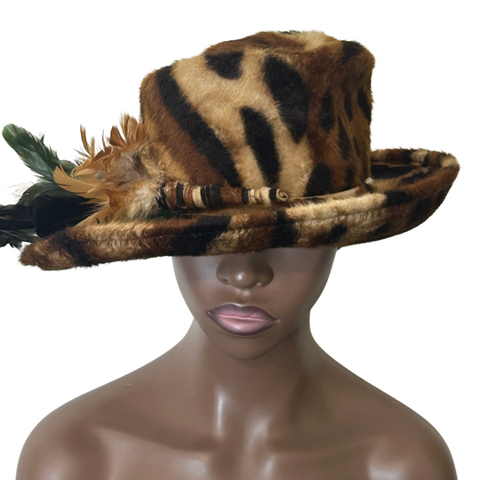 Leopard Print Medium Up-Turn Brim with Feather Trim