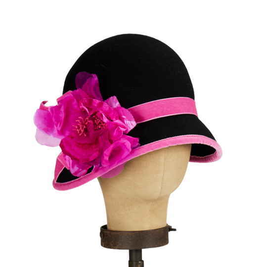 Black & Pink Cloche Hat with Silk & Velvet Trim