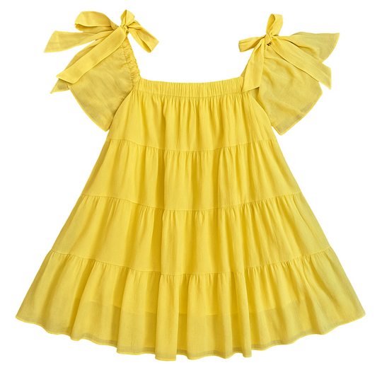 Yellow off-shoulder crinkly babydoll dress with bow tie sleeves and tiered layers, laid flat