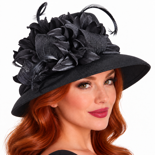 Wool Felt Wide Brim Hat with Floral Trim: Black